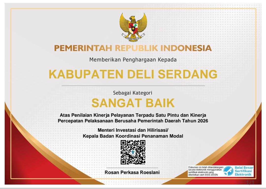 Nilai Pelayanan Perizinan Deli Serdang Tembus 91,728, Lampaui Sumut